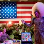 Dall·e 2024 06 11 01.35.35 A Drag Queen Dressed Flamboyantly With Lots Of Glitter Performing At A Bingo Event On A Military Base With American Flags In The Background. People 1 1