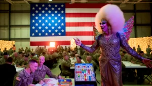 Dall·e 2024 06 11 01.35.35 A Drag Queen Dressed Flamboyantly With Lots Of Glitter Performing At A Bingo Event On A Military Base With American Flags In The Background. People 1 1